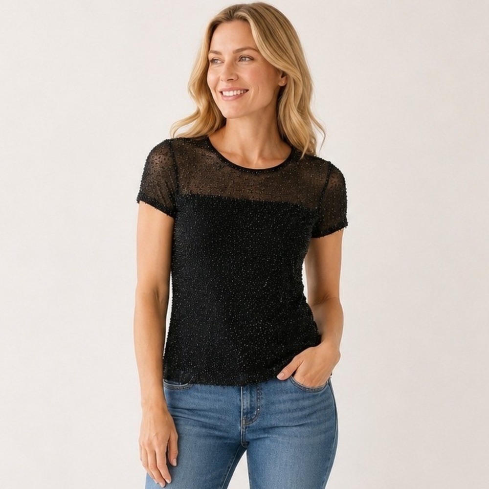 VTG Donna Karan Signature Black Beaded Mesh Top Short Sleeve Sheer Blouse Small